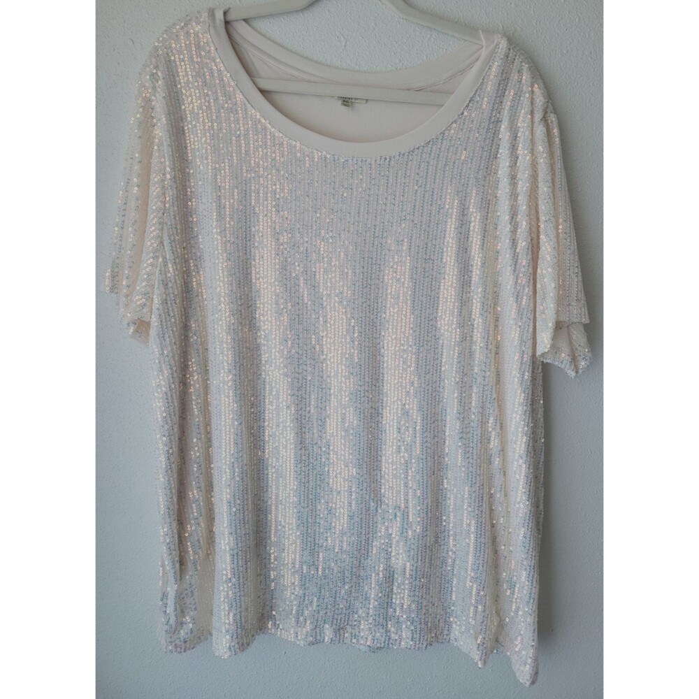 Kori America Sequin Top Women’s 2XL White Iridescent Short Sleeve Scoop Neck
